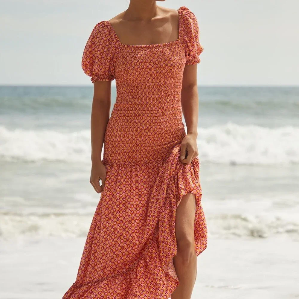 L*SPACE Simone Floral Square‎ Neck Short Sleeve Smocked High Low Maxi Dress - Picture 6 of 16
